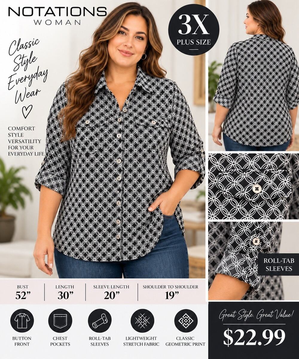 Notations Woman Plus 3X Black/White Geometric Woven Button-Front Collared Top